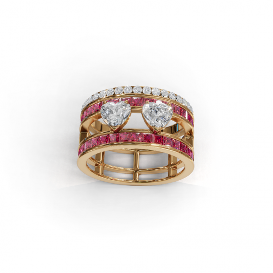 Double Heart Cut Diamond Solitaire Ring with Touch of Pink Diamonds  