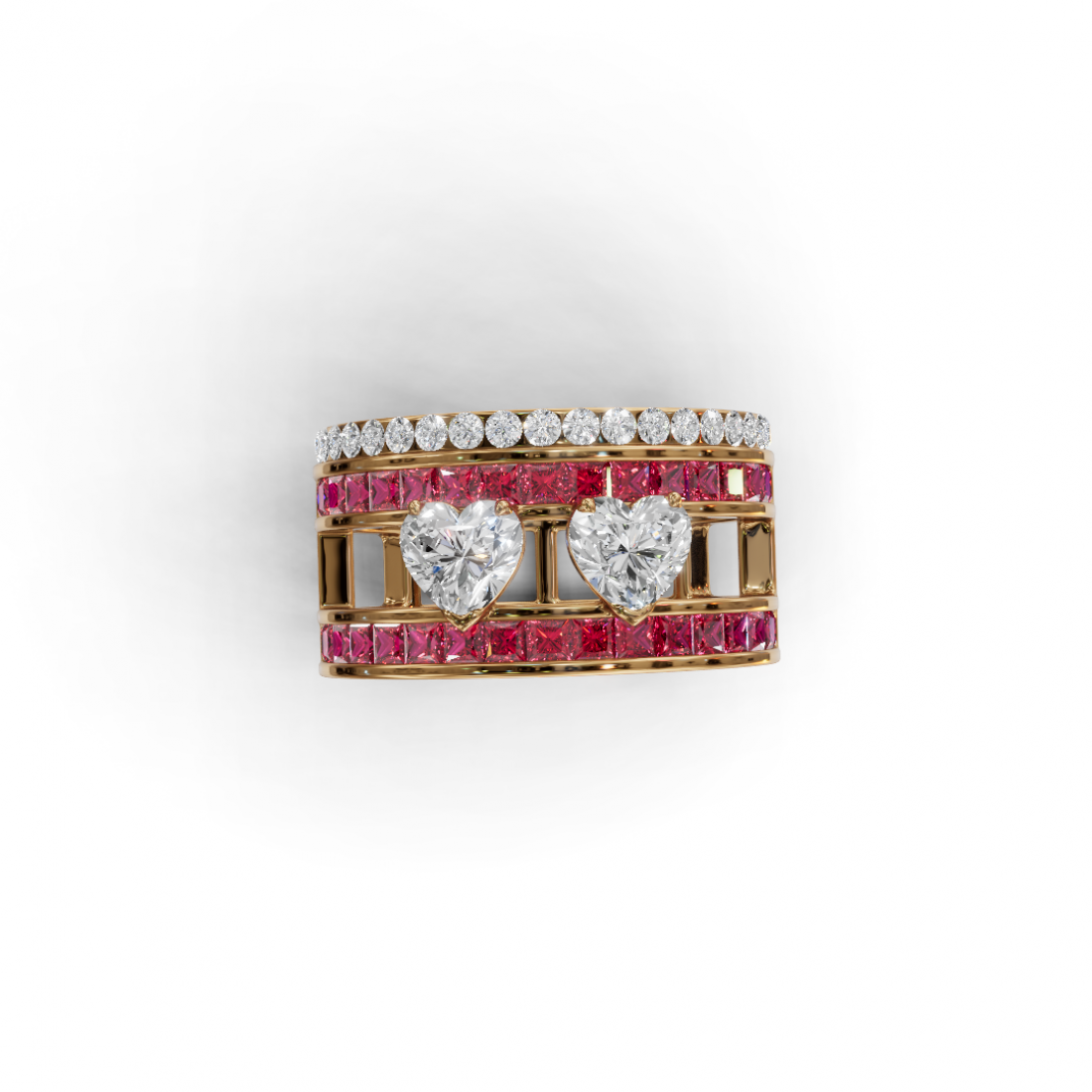 Double Heart Cut Diamond Solitaire Ring with Touch of Pink Diamonds Double Heart Cut Diamond Solitaire Ring with Touch of Pink Diamonds