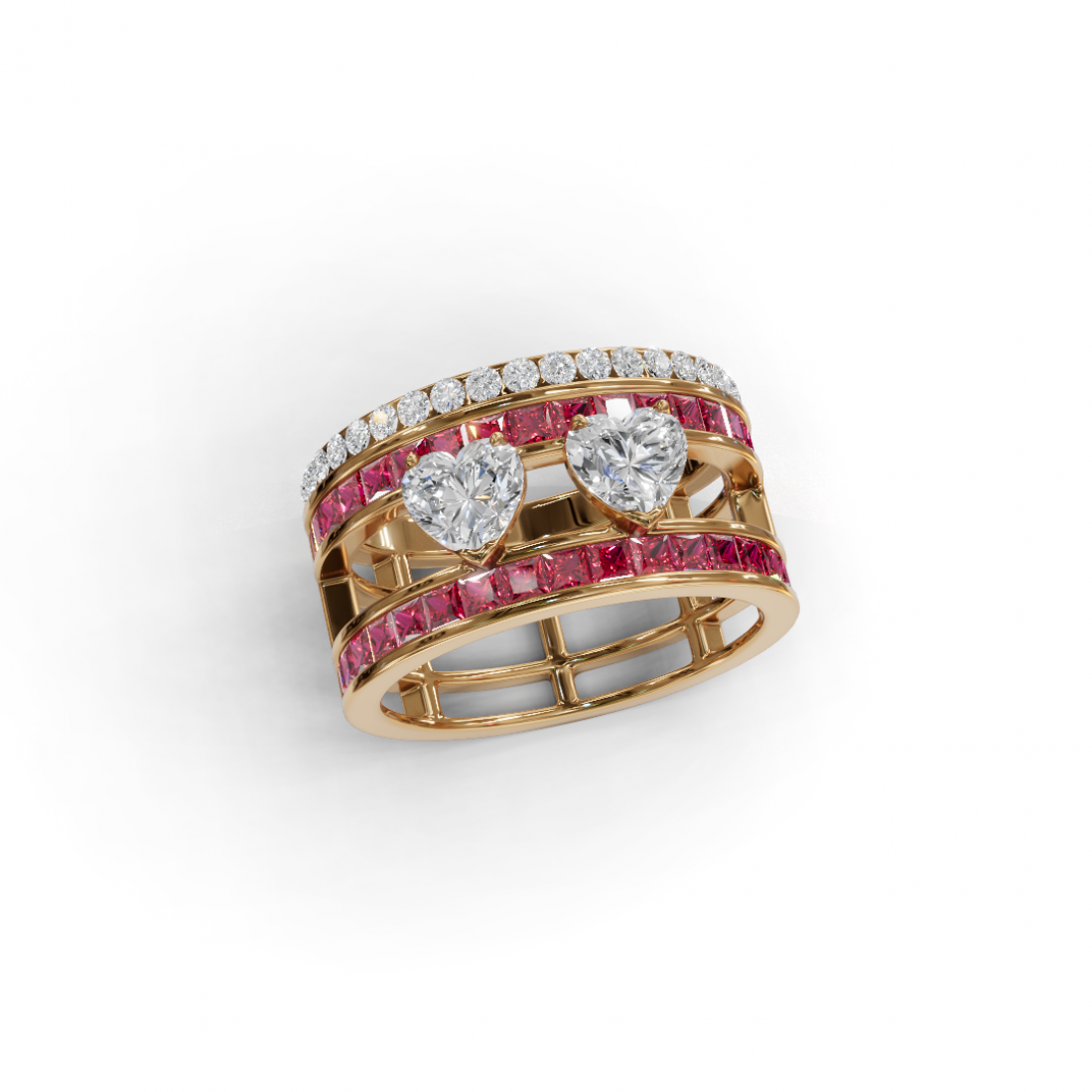 Double Heart Cut Diamond Solitaire Ring with Touch of Pink Diamonds Double Heart Cut Diamond Solitaire Ring with Touch of Pink Diamonds