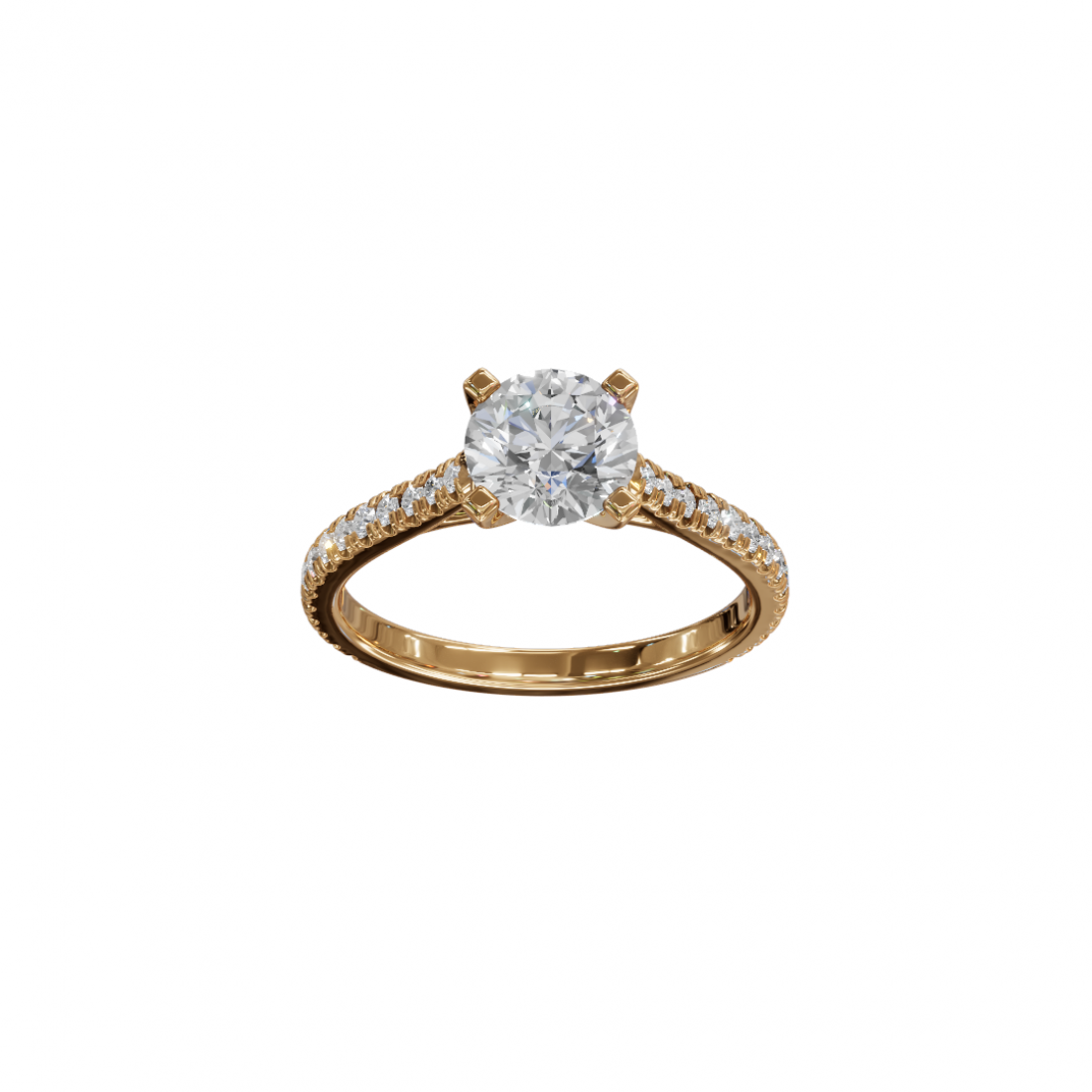 Four Prong Classic Round Shaped Diamond Ring – Cathedral Pavé Setting Four Prong Classic Round Shaped Diamond Ring – Cathedral Pavé Setting