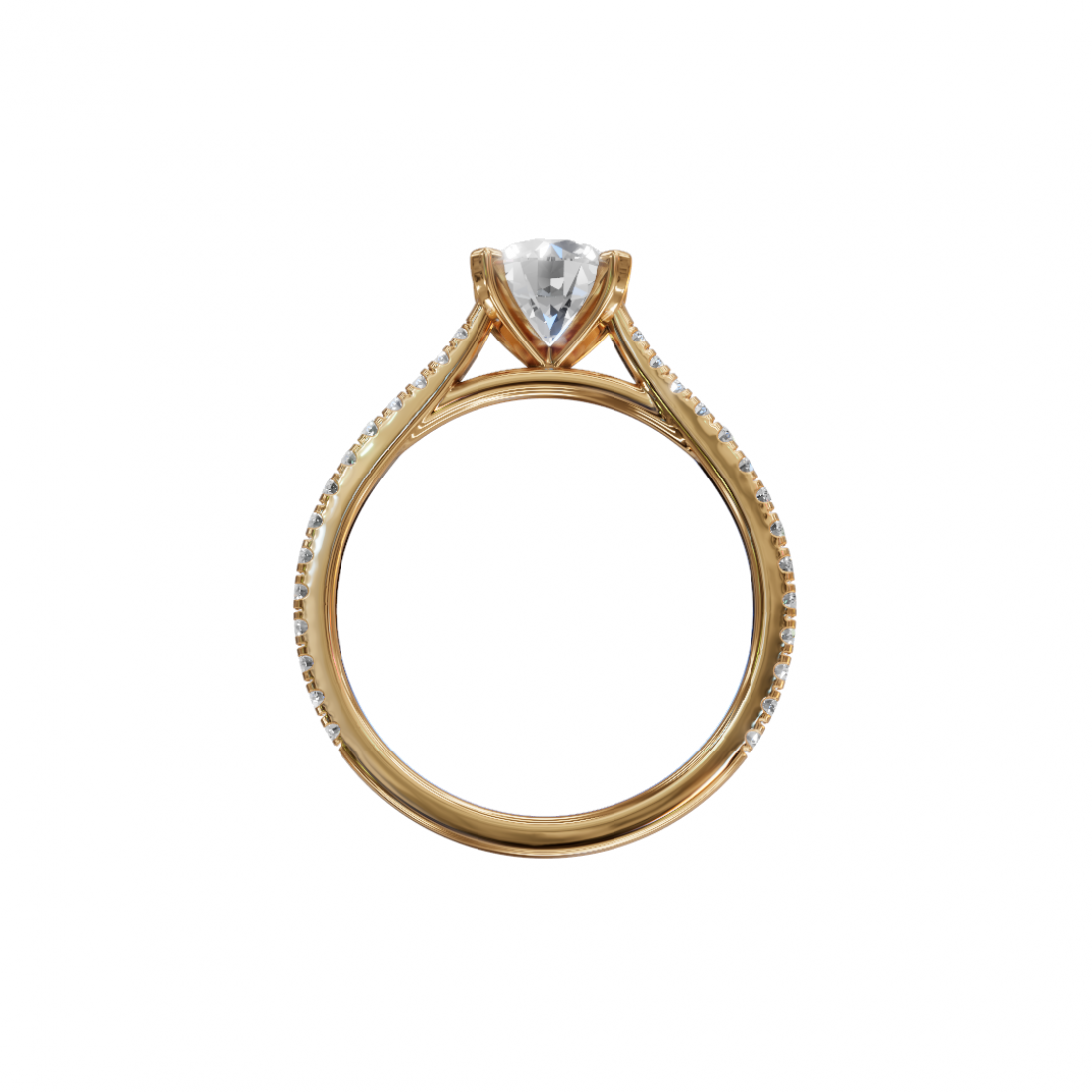 Four Prong Classic Round Shaped Diamond Ring – Cathedral Pavé Setting Four Prong Classic Round Shaped Diamond Ring – Cathedral Pavé Setting