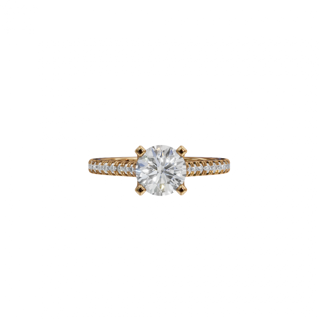 Four Prong Classic Round Shaped Diamond Ring – Cathedral Pavé Setting Four Prong Classic Round Shaped Diamond Ring – Cathedral Pavé Setting