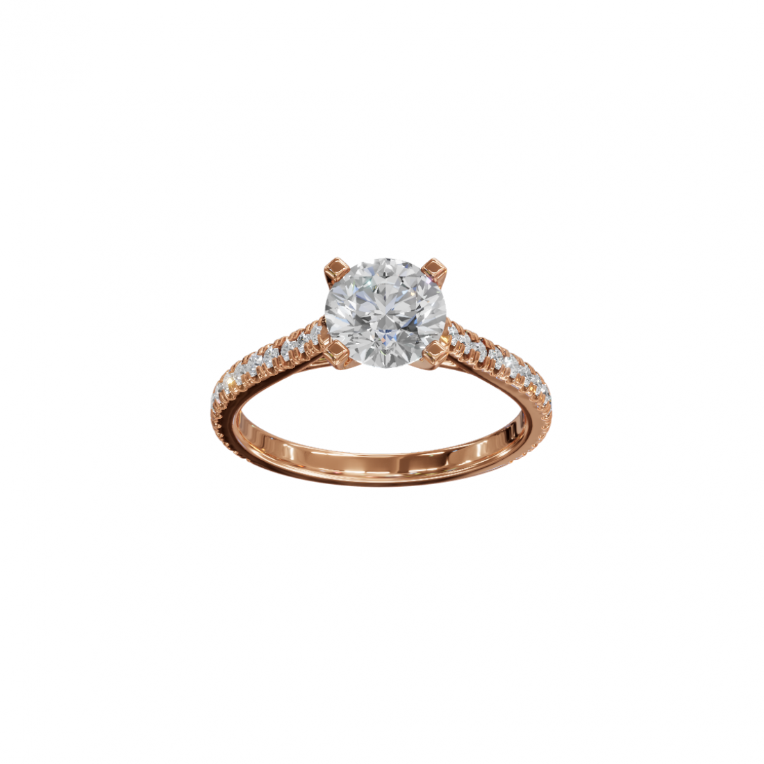 Four Prong Classic Round Shaped Diamond Ring – Cathedral Pavé Setting Four Prong Classic Round Shaped Diamond Ring – Cathedral Pavé Setting