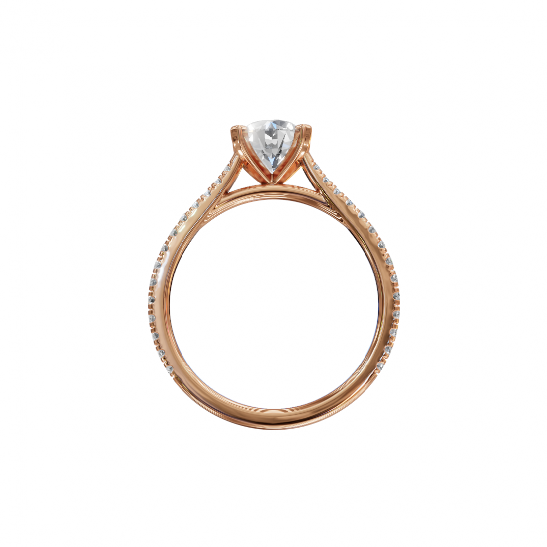 Four Prong Classic Round Shaped Diamond Ring – Cathedral Pavé Setting Four Prong Classic Round Shaped Diamond Ring – Cathedral Pavé Setting