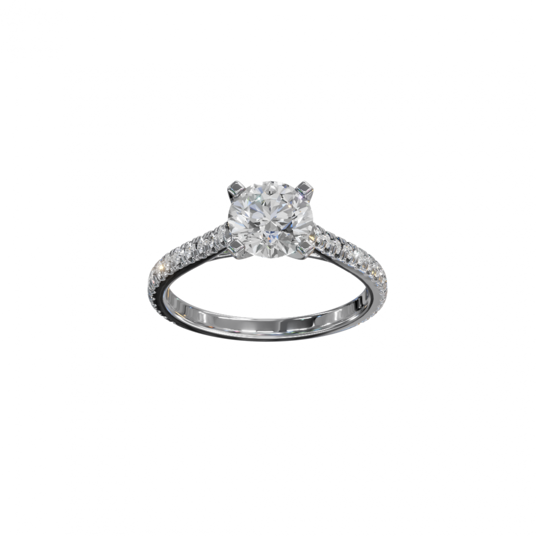 Four Prong Classic Round Shaped Diamond Ring – Cathedral Pavé Setting Four Prong Classic Round Shaped Diamond Ring – Cathedral Pavé Setting
