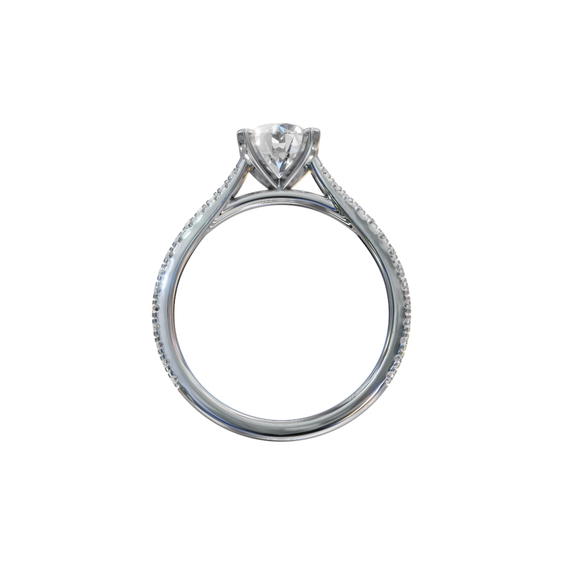 Four Prong Classic Round Shaped Diamond Ring – Cathedral Pavé Setting Four Prong Classic Round Shaped Diamond Ring – Cathedral Pavé Setting
