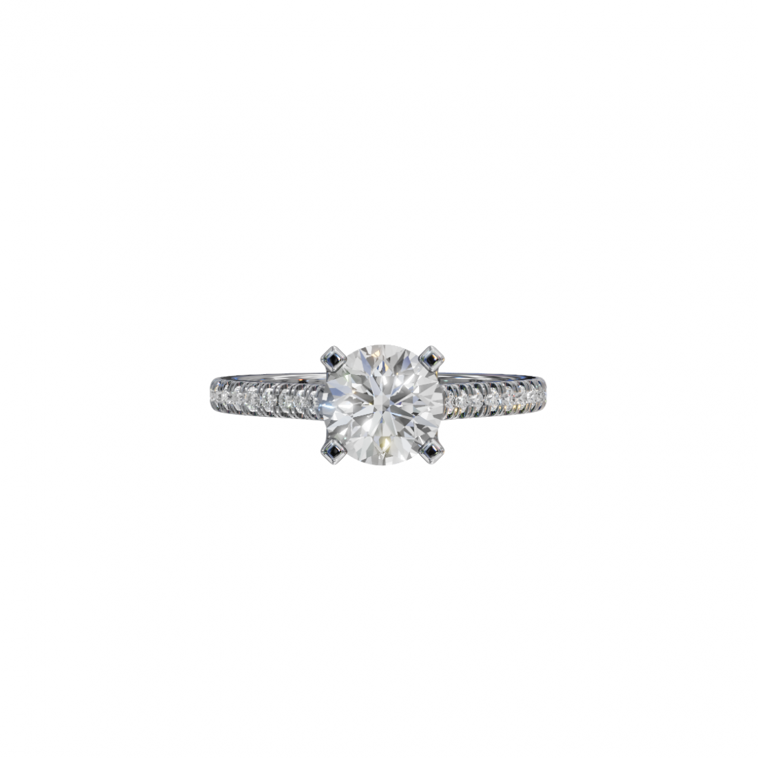 Four Prong Classic Round Shaped Diamond Ring – Cathedral Pavé Setting Four Prong Classic Round Shaped Diamond Ring – Cathedral Pavé Setting